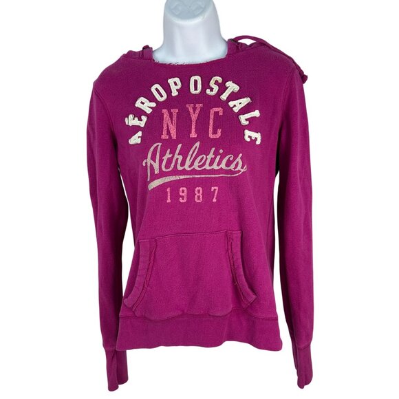 Aeropostale Womens NYC Athletics 1987 Hoodie Size M Magenta Cotton/Polyester - Picture 1 of 7